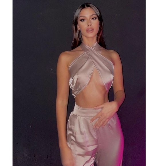 Nude Satin Silk Halter Neck Crop Top and High Waist Wide Leg Pants Two Piece Set - Picture 10 of 15